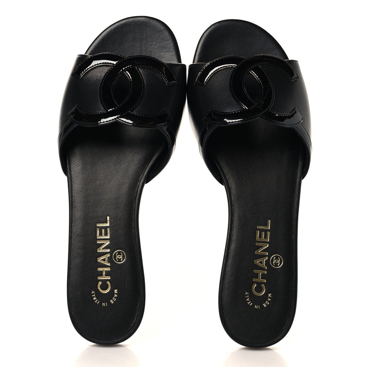 Lambskin Patent Calfskin CC Cutout Mules 38 Black