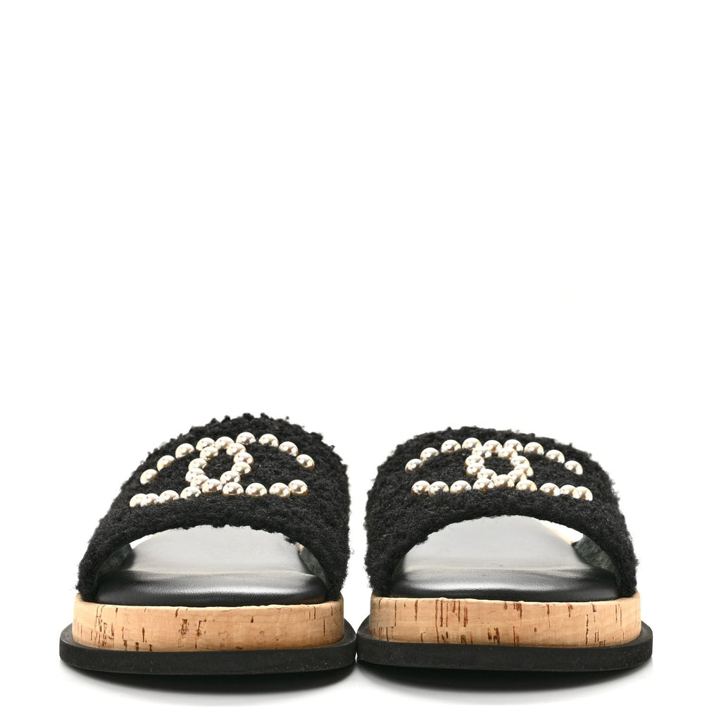 Fabric Pearl Cork CC Slip On Sandals 40 Black