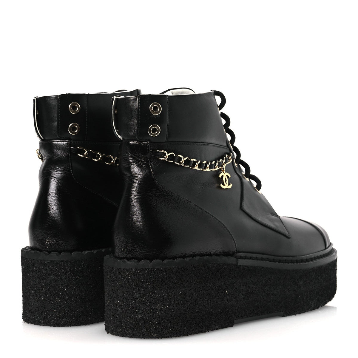 Calfskin Shiny Calfskin Chain Lace Up CC Short Boots 38.5 Black