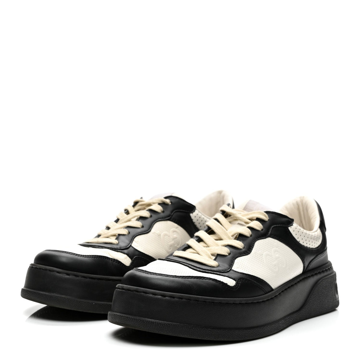 Calfskin GG Tennis Embossed Perforated Mens Interlocking G 55mm Sneakers 8.5 Black White