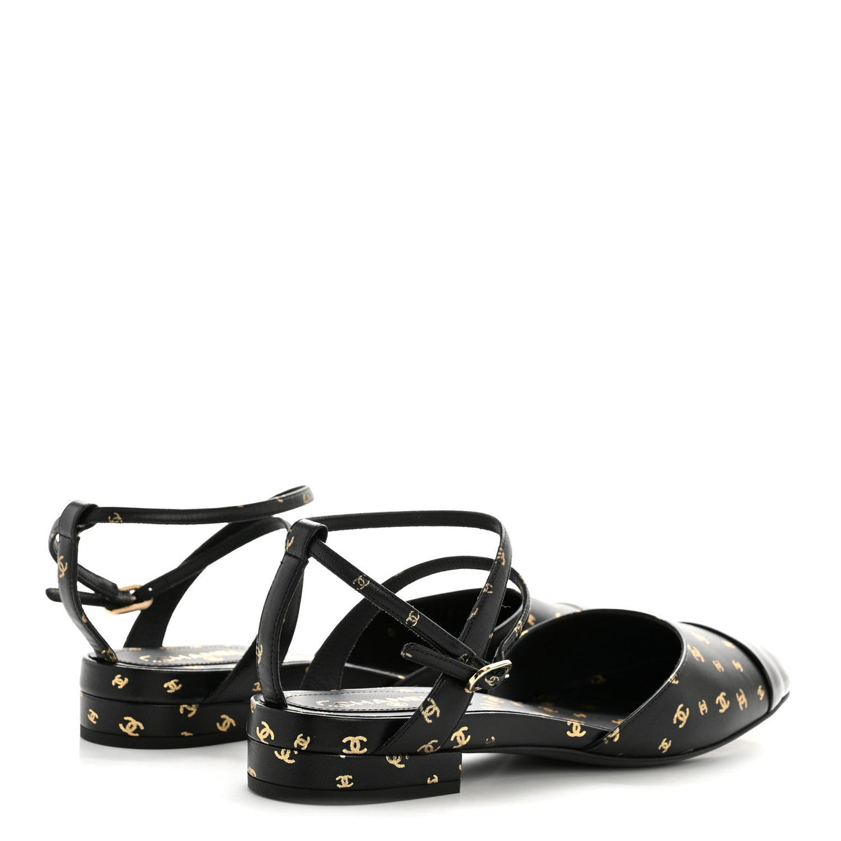 Printed Lambskin Patent Calfskin Cap Toe CC Slingbacks 36.5 Black Gold