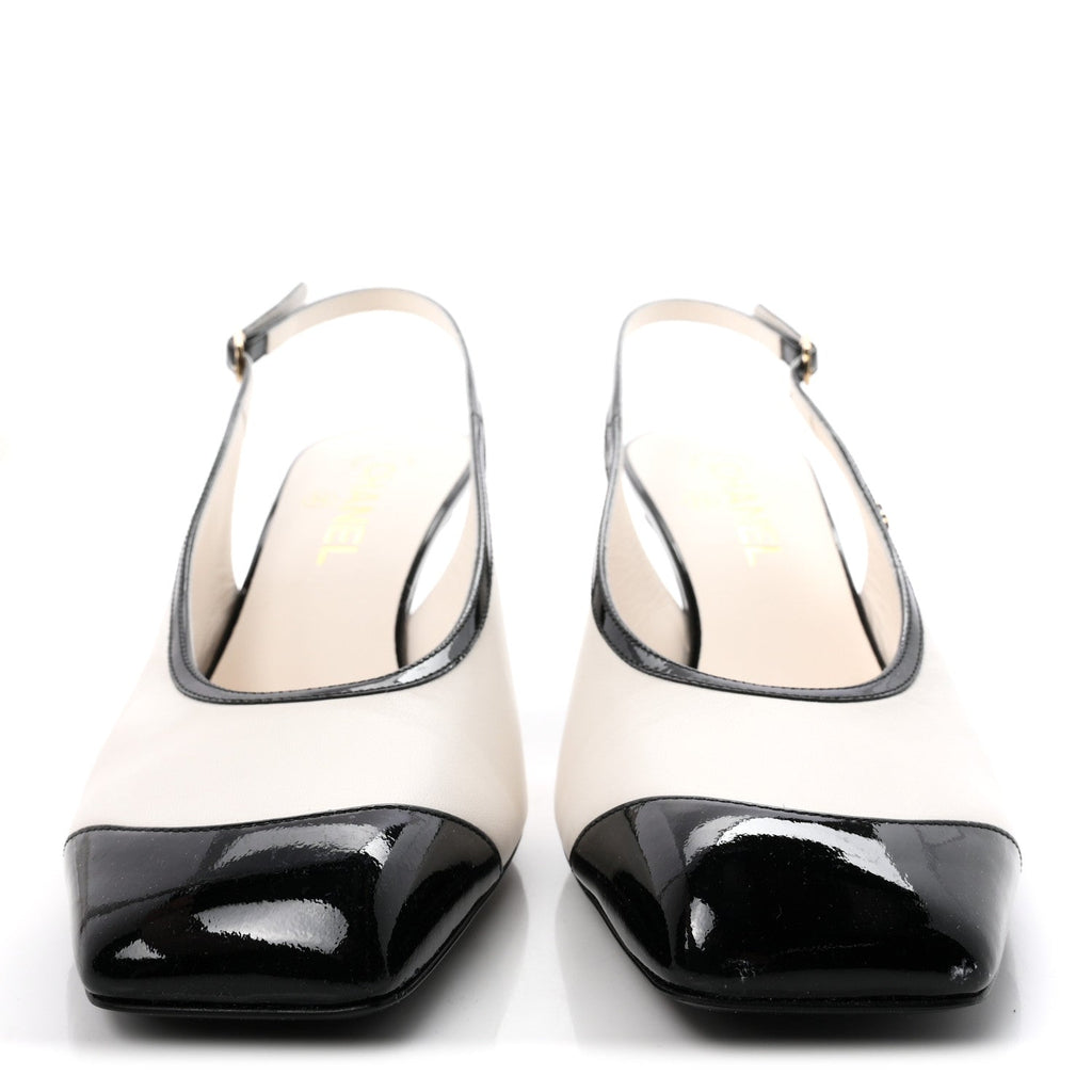 Lambskin Patent Calfskin Cap Toe CC Slingback Pumps 40 White Black
