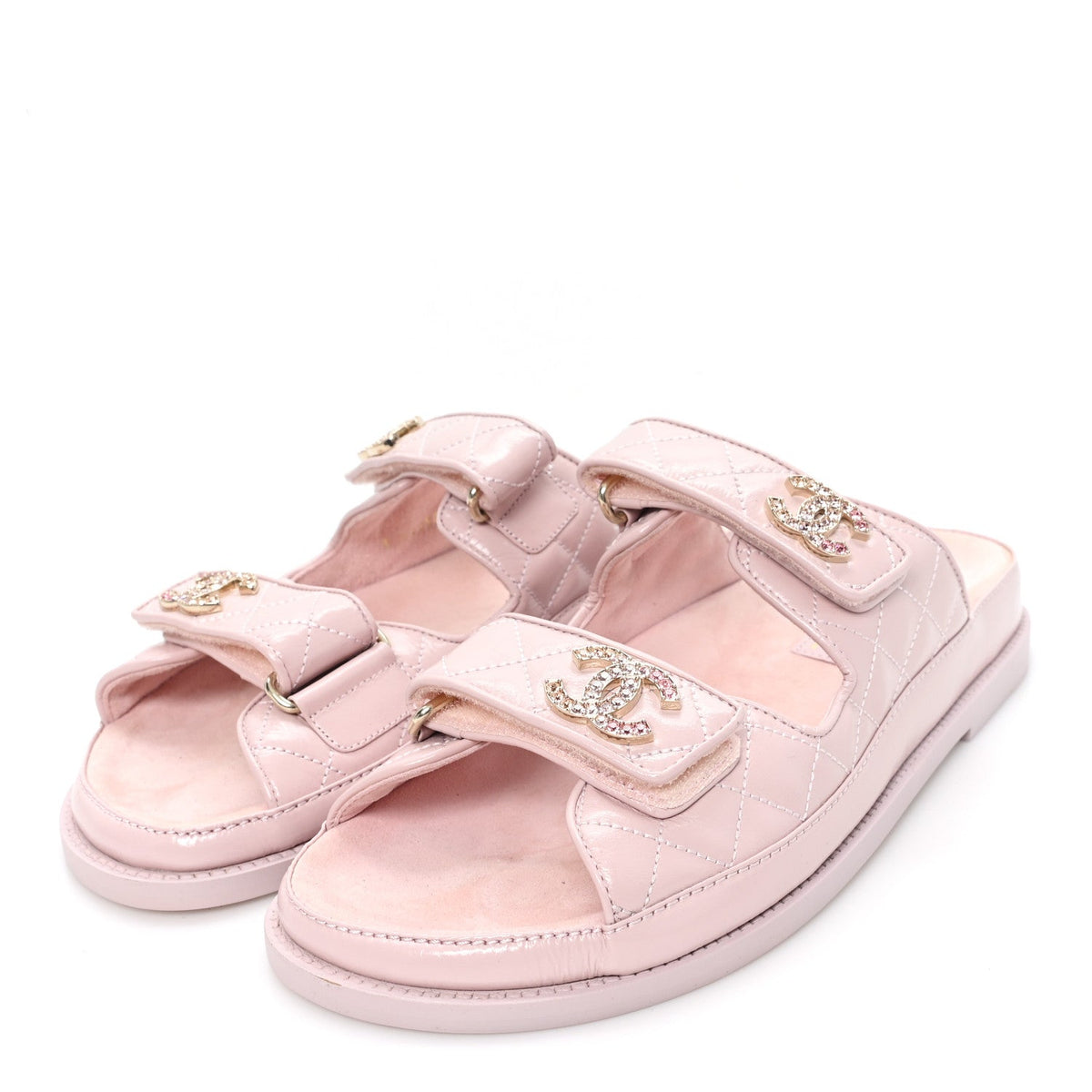 Shiny Calfskin Quilted Velcro Dad Crystal CC Slide Sandals 39 Light Pink