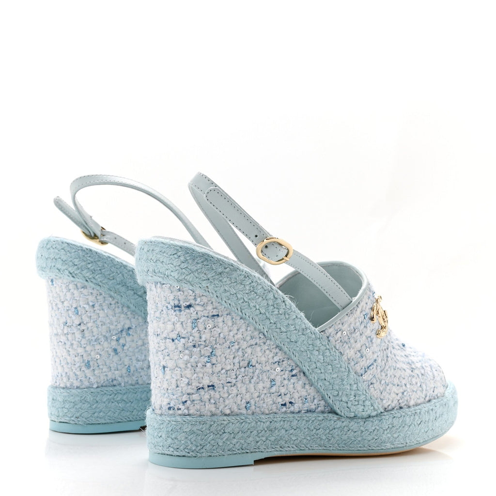 Tweed Braided Cord Wedge Sandals  37 Blue