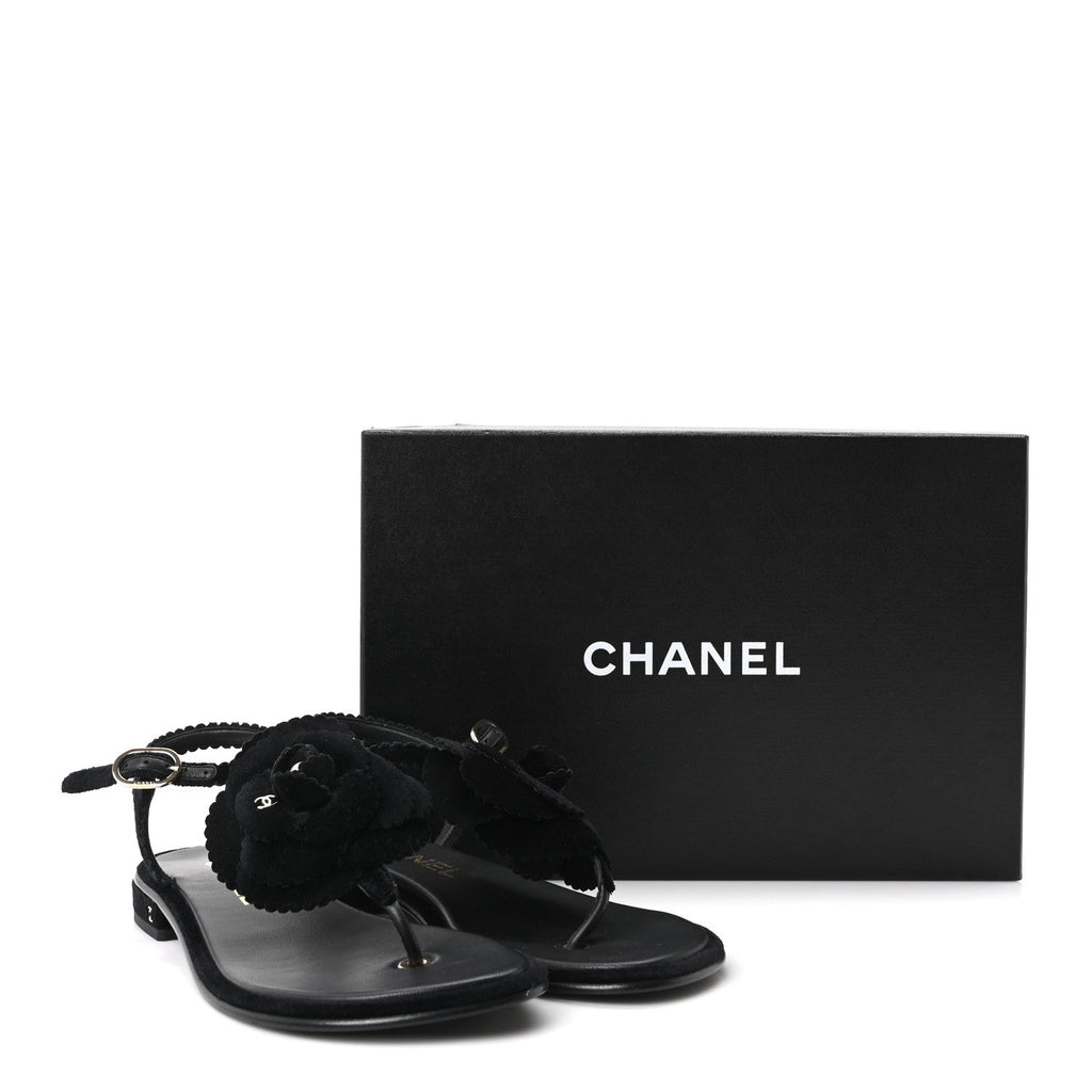 Velvet Pearl Camellia Thong Sandals 37.5 Black