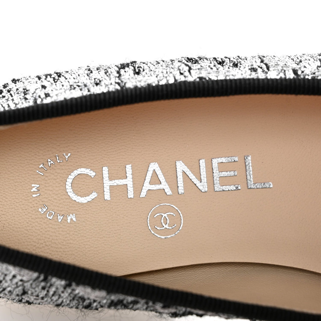 Tweed Sequin Cap Toe Ballerina Flats 35 Silver Black Blue