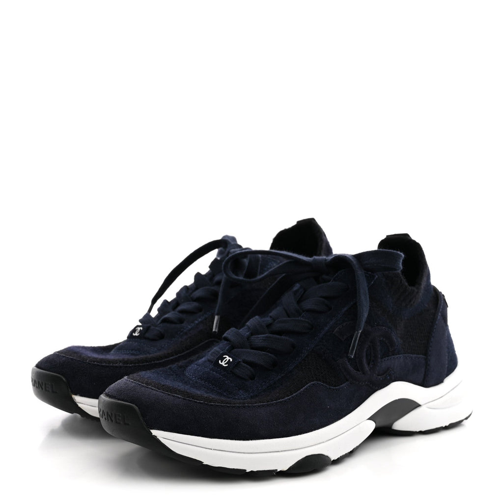 Knit Fabric Suede Calfskin Womens CC Sneakers 38 Navy Black