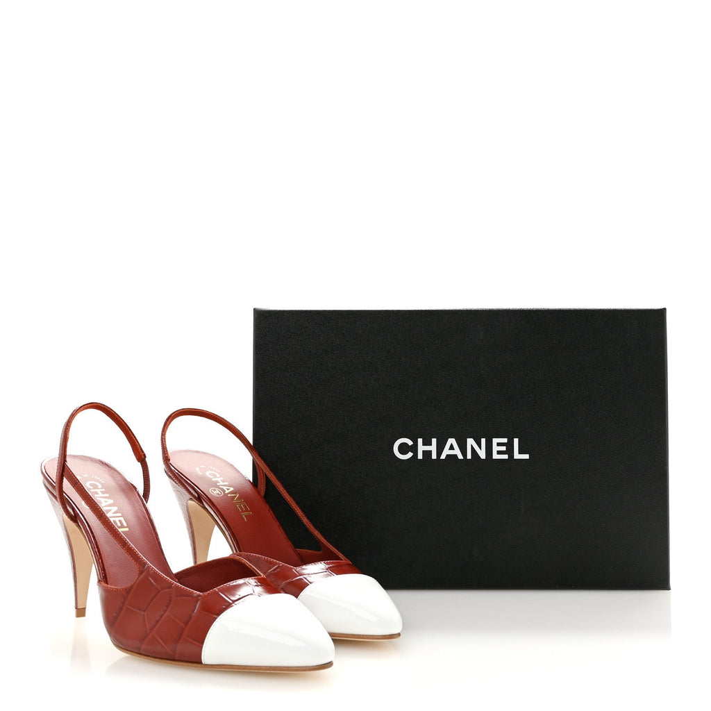 Calfskin Crocodile Embossed Patent Cap Toe Slingback Pumps 40 Dark Red White