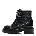 Shiny Calfskin Quilted Lace Up Combat Boots 36 Black