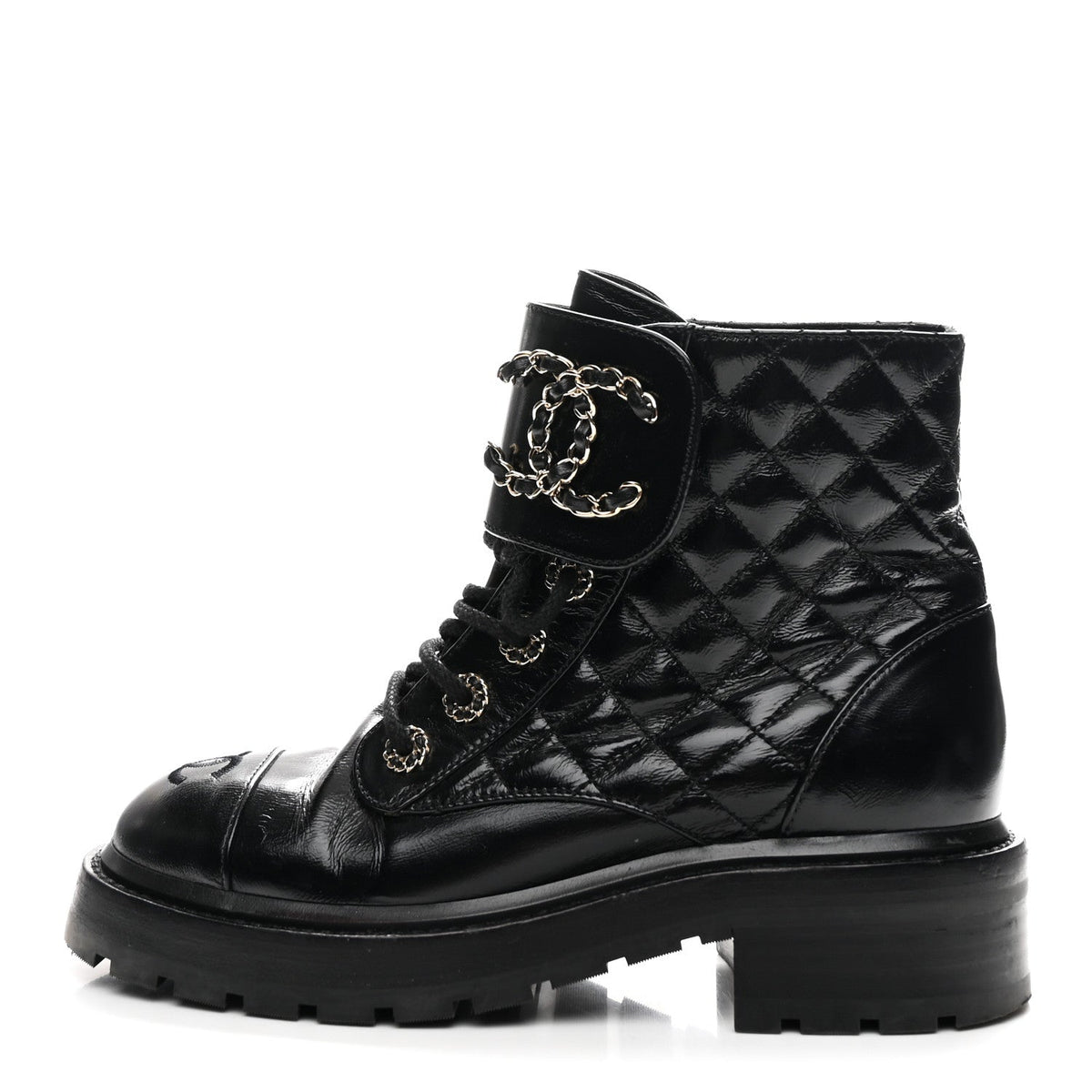 Shiny Calfskin Quilted Lace Up Combat Boots 36 Black