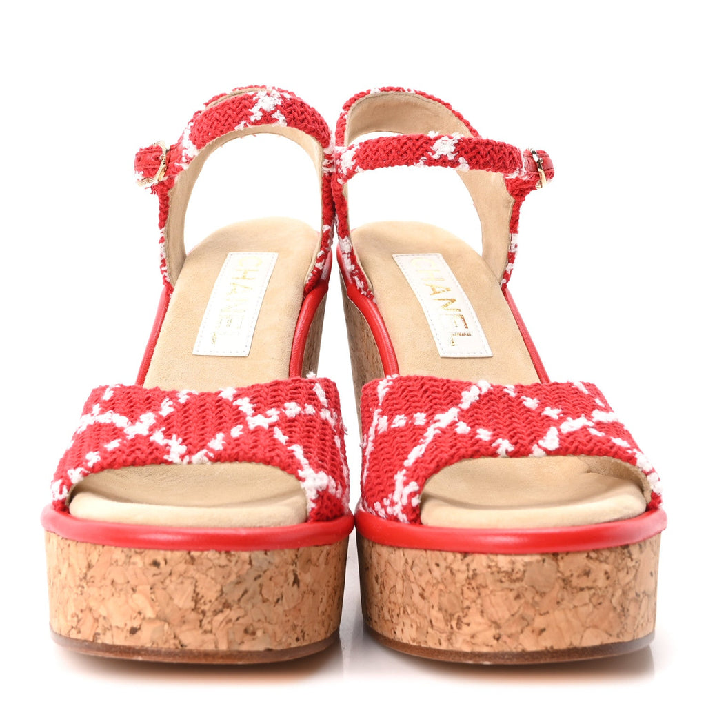 Cotton Tweed Cork CC Wedge Sandals 37 Red White
