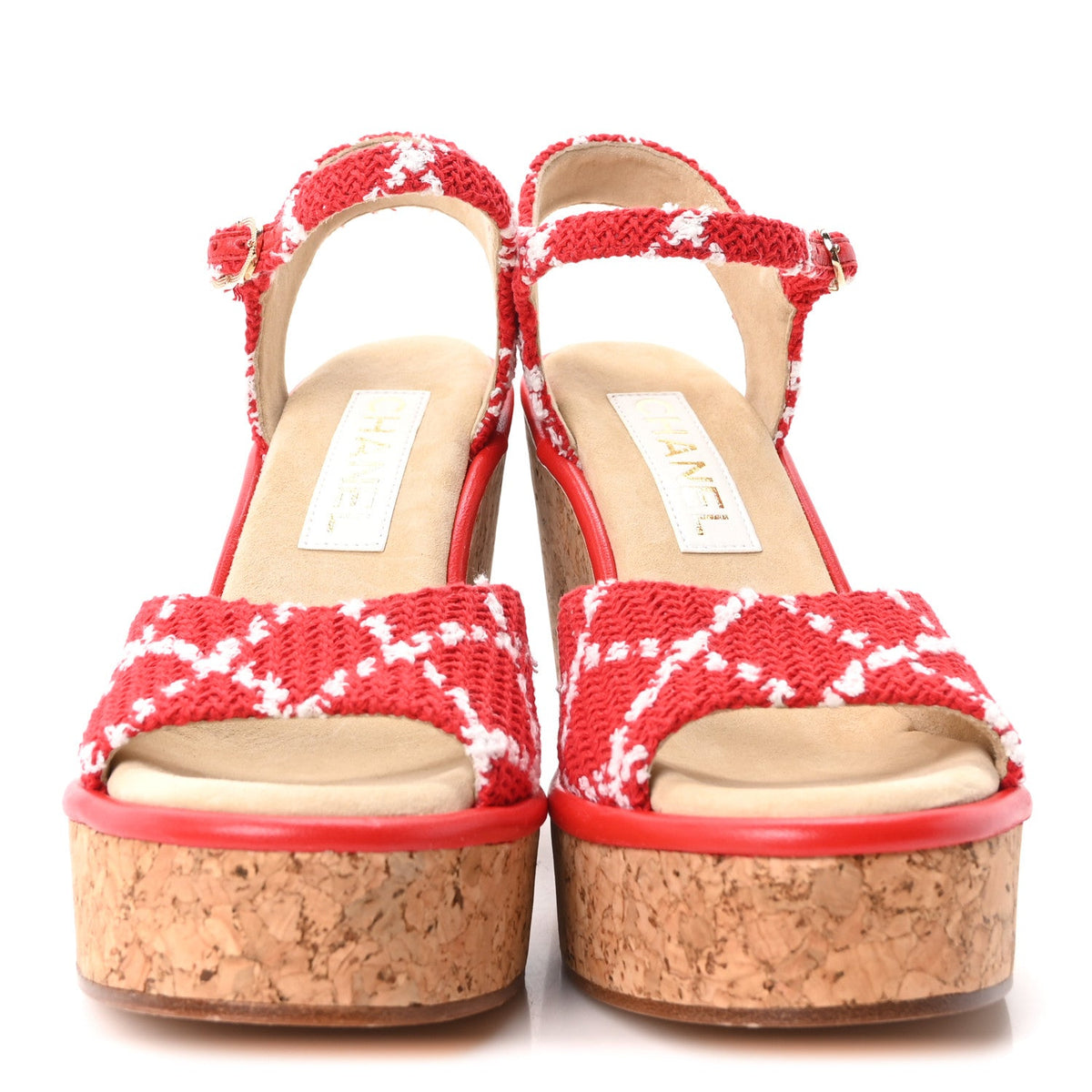 Cotton Tweed Cork CC Wedge Sandals 37 Red White