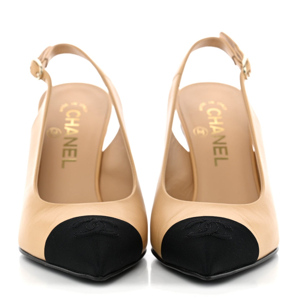 Goatskin Grosgrain Pointed Cap Toe CC Slingback Pumps 36 Beige Black