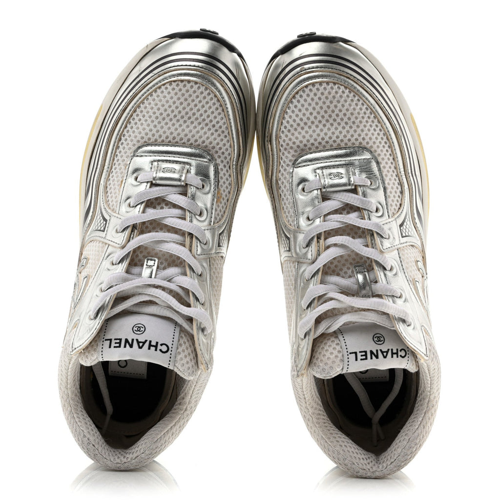 Fabric Laminated Calfskin Stretch CC Womens Sneakers 39.5 White Silver