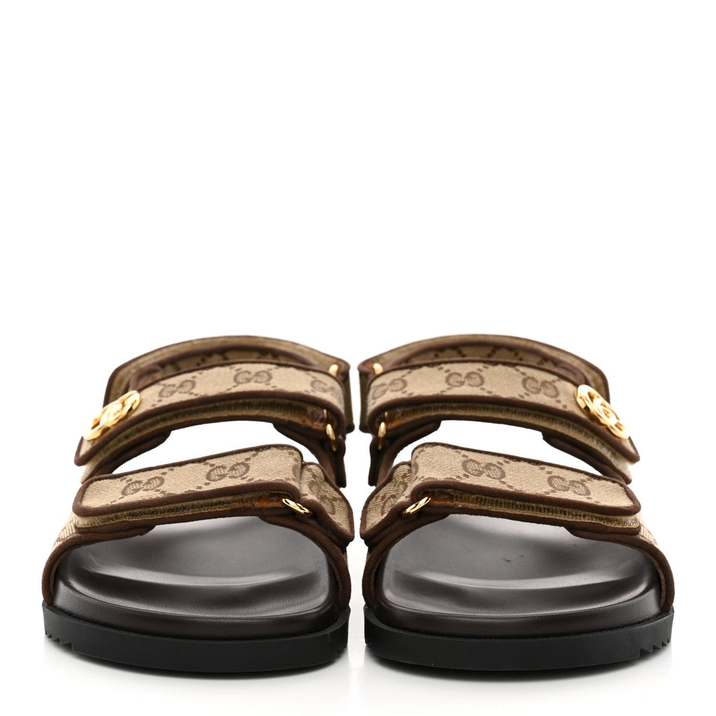 GG Monogram Lavaredo Eco Fabric Womens Slide Sandals With Straps 37 Beige Ebony Light Brown