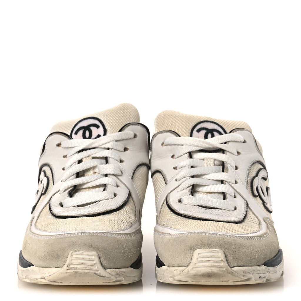 Mesh Suede Calfskin Grosgrain Womens CC Sneakers 37.5 White Black