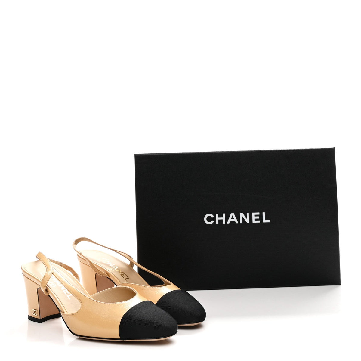 Goatskin Grosgrain Cap Toe CC Slingback Pumps 36.5 Beige Black
