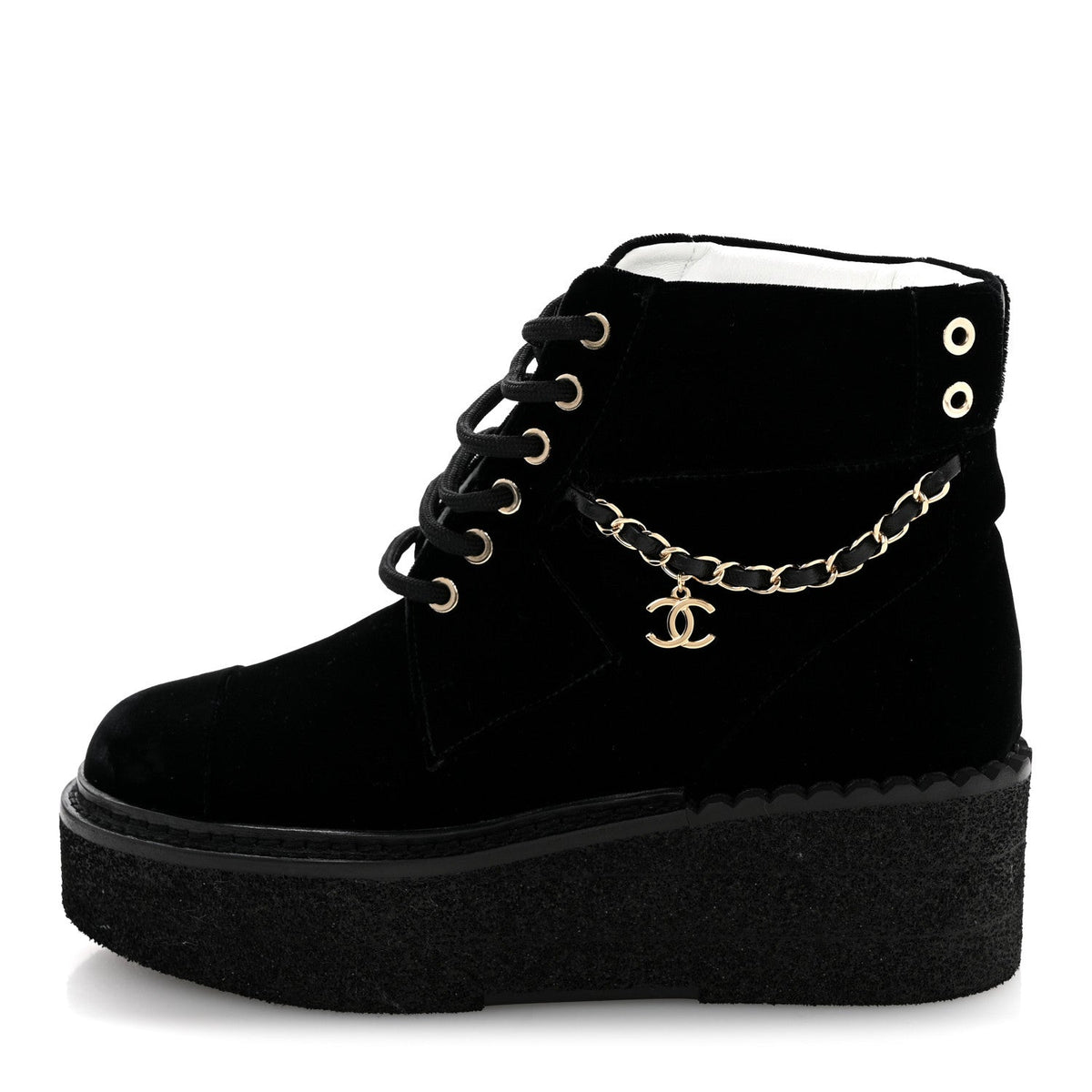 Velvet Chain Lace Up CC Short Boots 35.5 Black