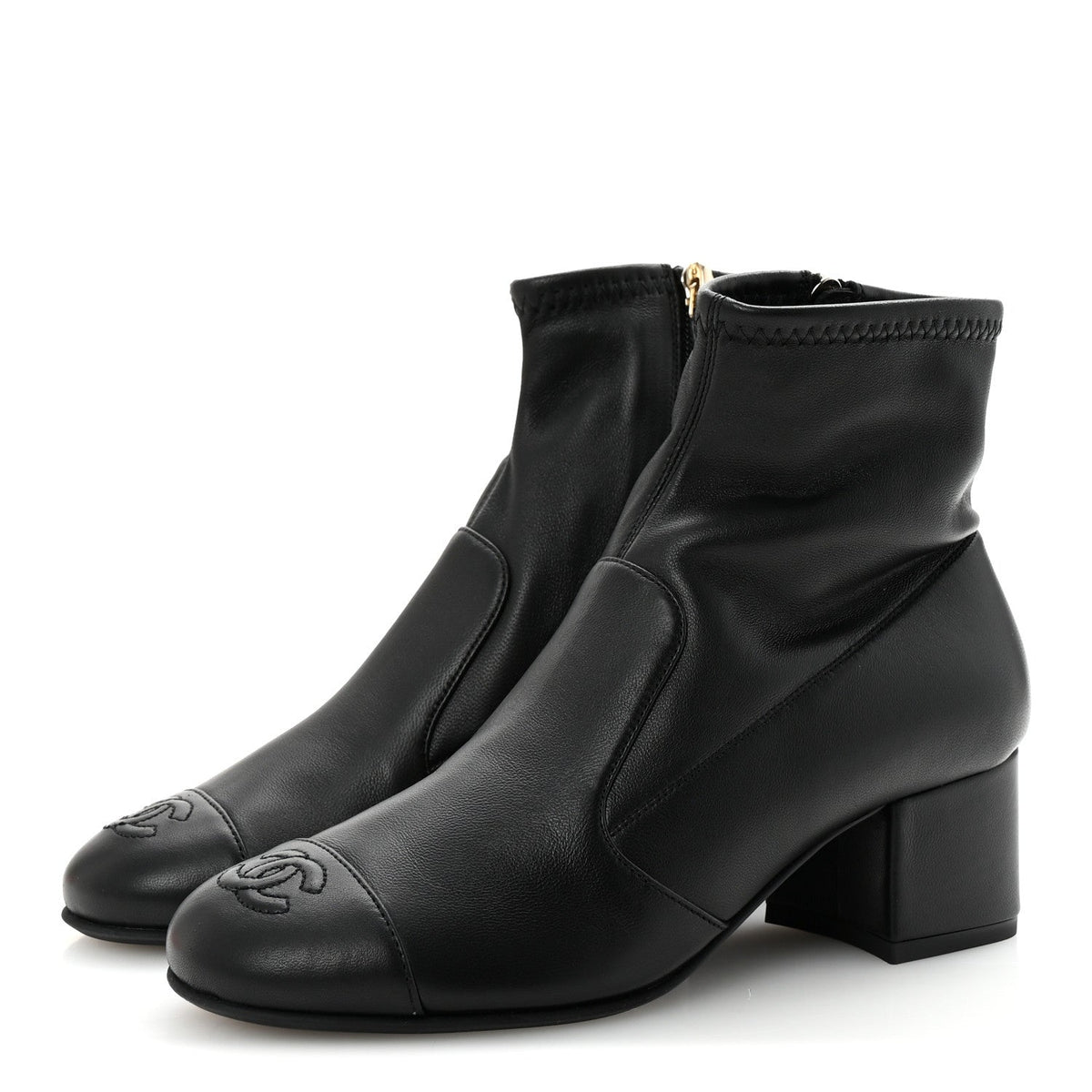 Stretch Lambskin Cap Toe CC Short Boots 35 Black