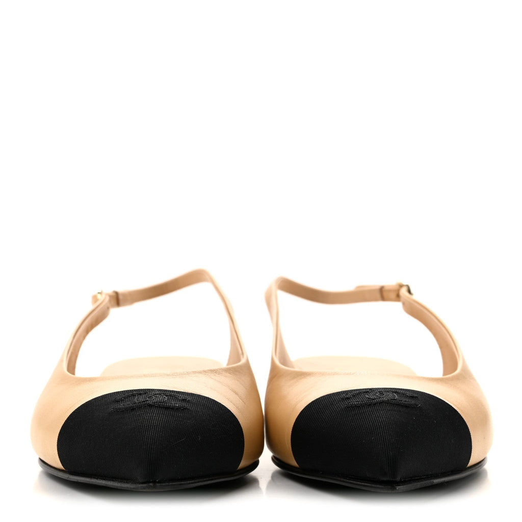Goatskin Grosgrain Pointed Toe CC Slingback Flats 37 Beige Black