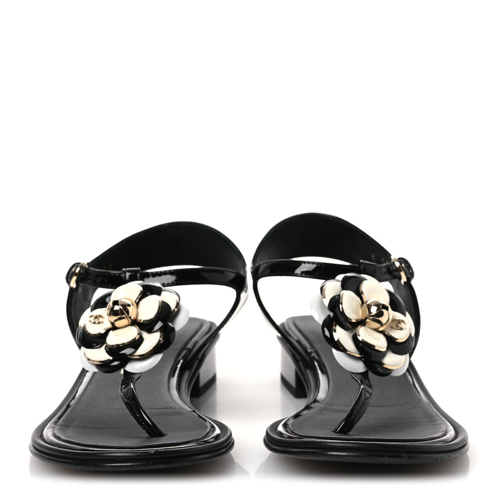 Patent Calfskin Camellia Thong Sandals 37 Black White