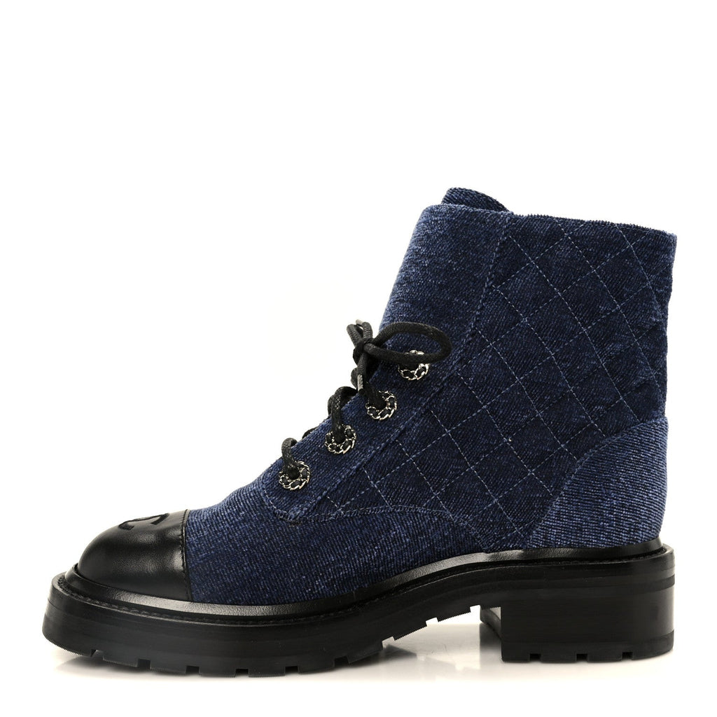 Shiny Calfskin Velvet Quilted Lace Up Combat Boots 37 Blue