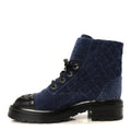 Shiny Calfskin Velvet Quilted Lace Up Combat Boots 37 Blue