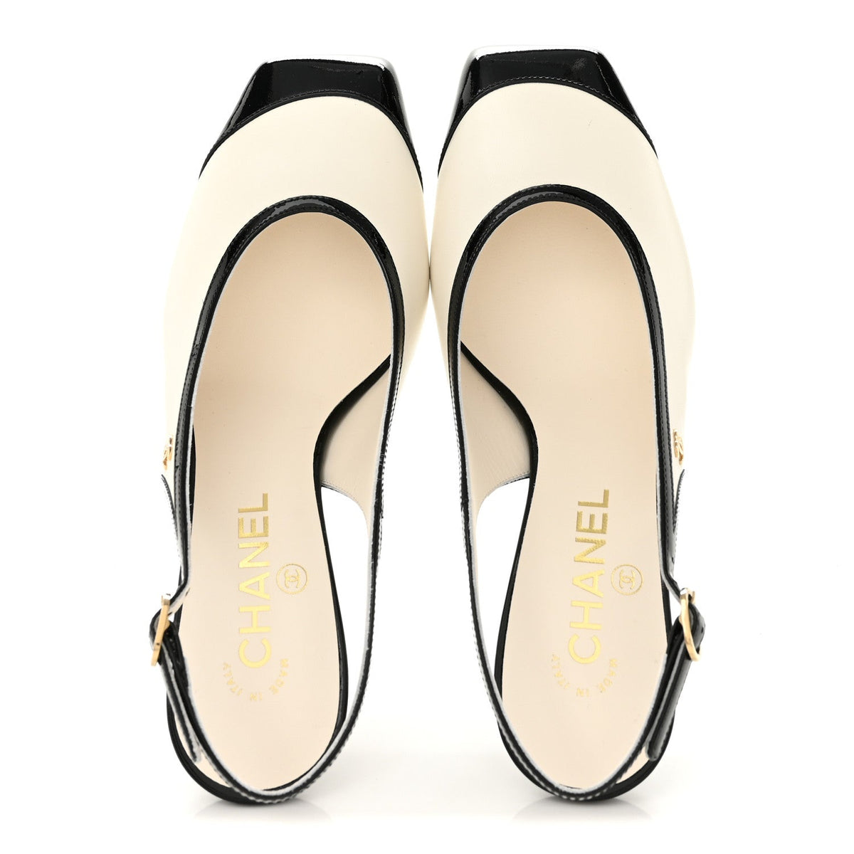 Lambskin Patent Calfskin Cap Toe CC Slingback Pumps 38.5 White Black