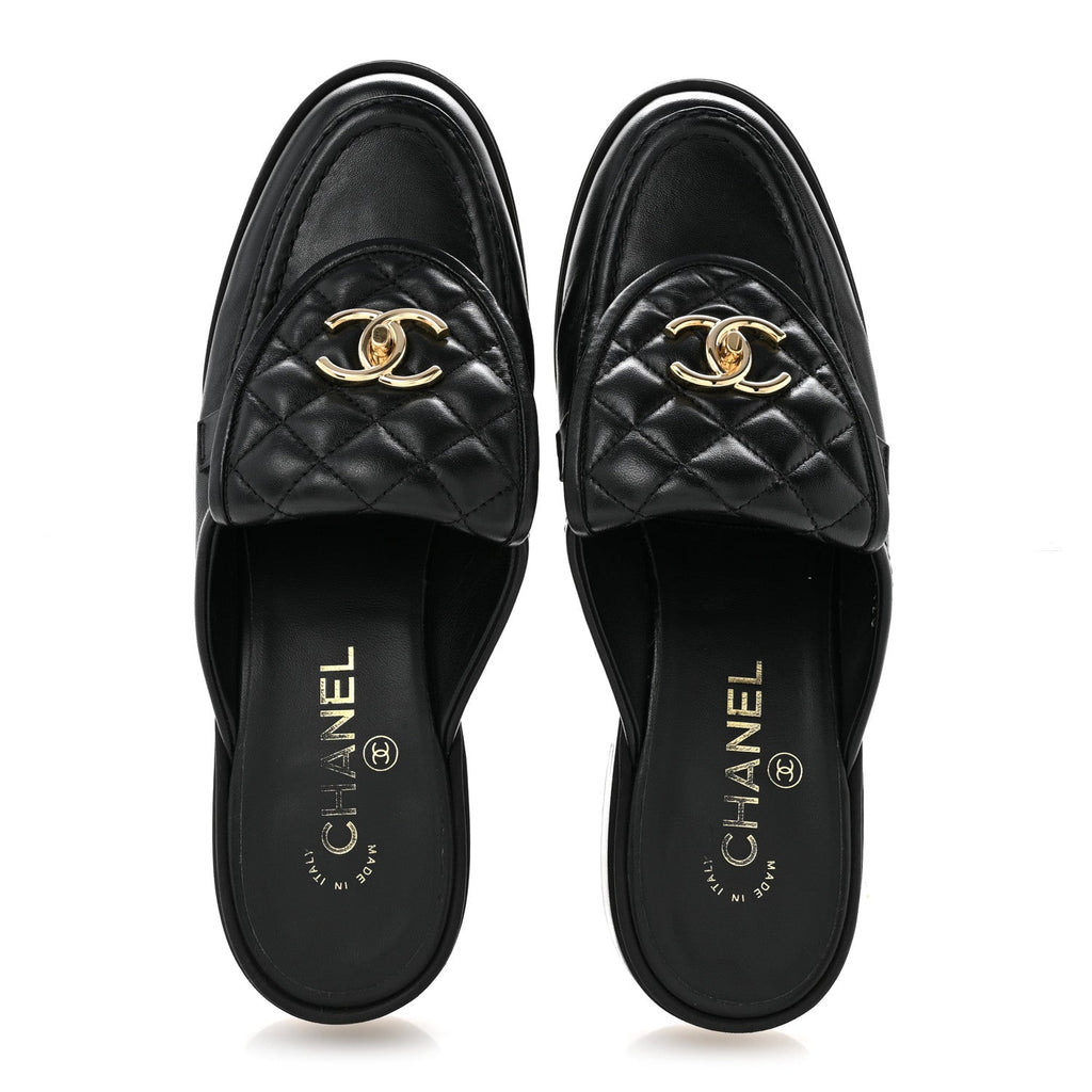 Lambskin Quilted CC Turnlock Mules 39.5 Black