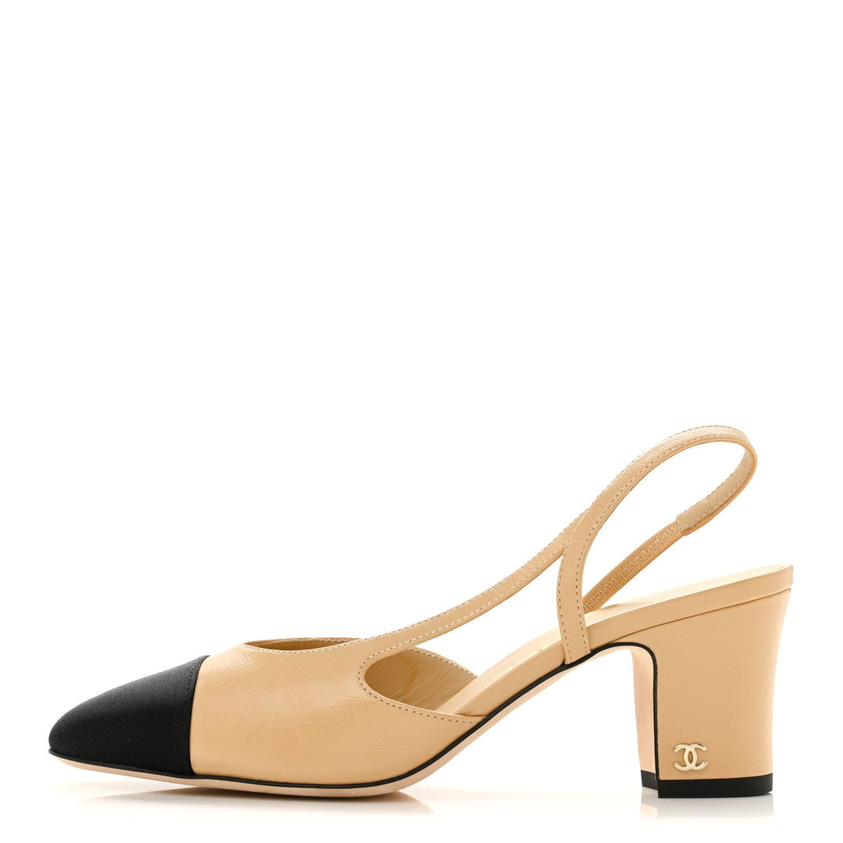 Goatskin Grosgrain Cap Toe CC Slingback Pumps 37 Beige Black
