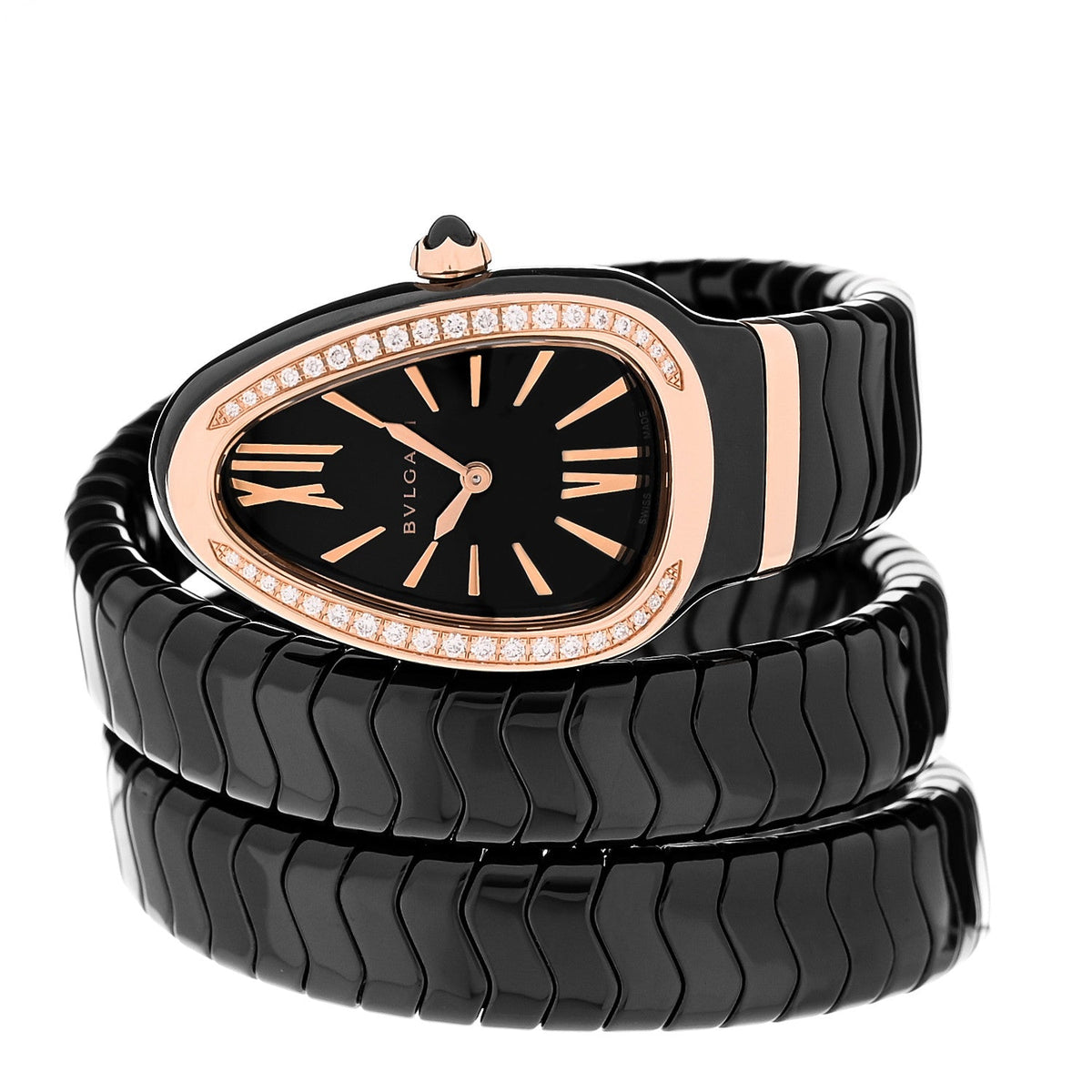 18K Rose Gold Ceramic Diamond Bezel 35mm Serpenti Tubogas Double Spiral Quartz Watch Black