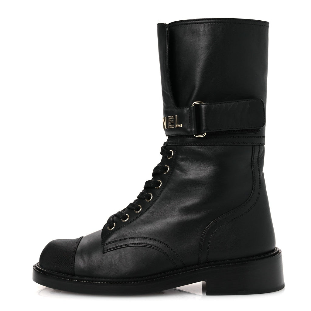 Calfskin Grosgrain Lace Up Combat Boots 38.5 Black