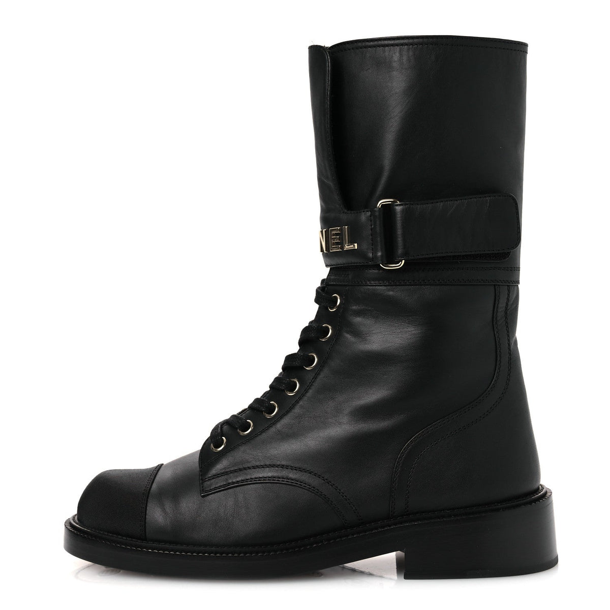 Calfskin Grosgrain Lace Up Combat Boots 38.5 Black