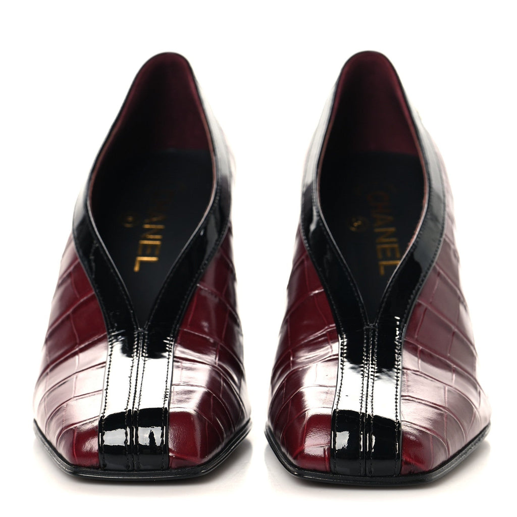 Crocodile Embossed Patent Calfskin Pumps 38.5 Burgundy Black