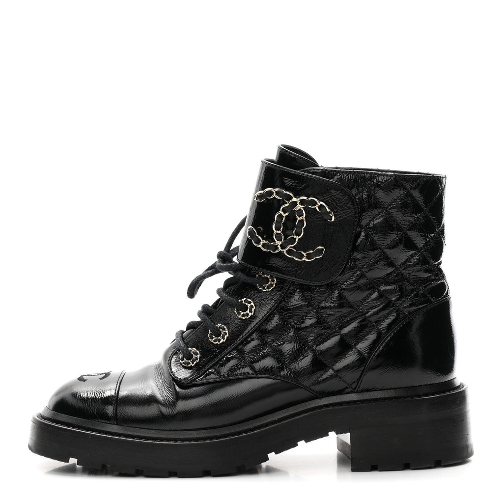 Shiny Lambskin Quilted Lace Up Combat Boots 38 Black