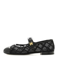 Lambskin Fabric Mesh Quilted Mary Jane Cap Toe Flats 37 Black