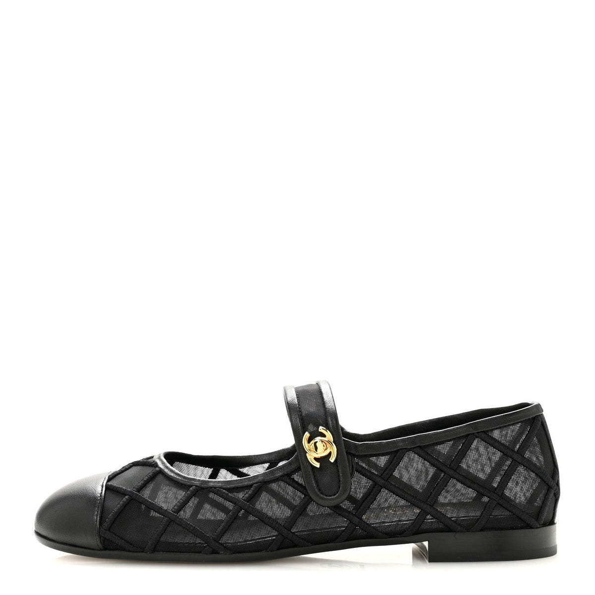 Lambskin Fabric Mesh Quilted Mary Jane Cap Toe Flats 37 Black
