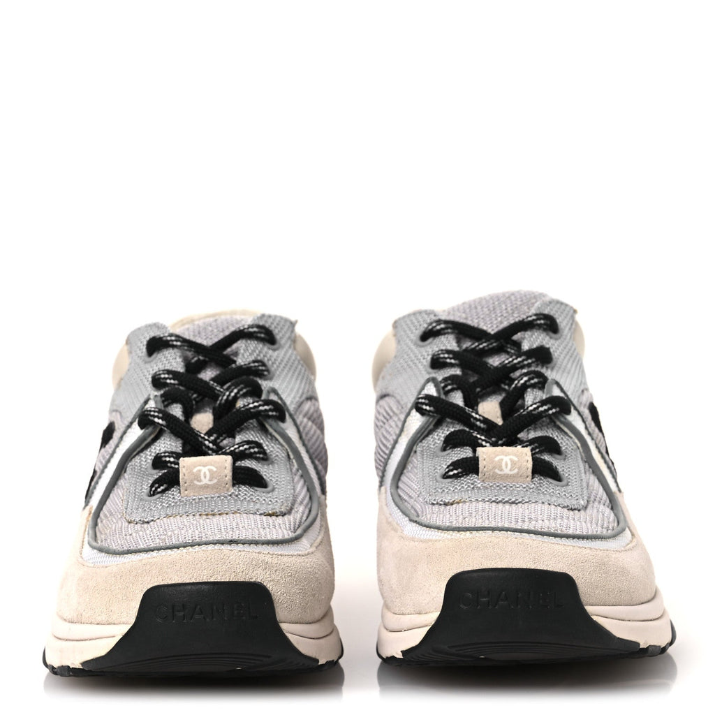 Mesh Suede Calfskin Grained Calfskin Womens CC Sneakers 37 Grey White