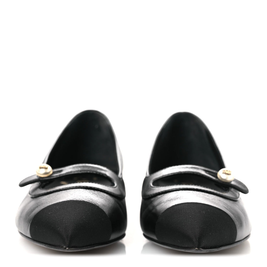 Shiny Lambskin Grosgrain Pearl Mary Jane Flats 37 Black