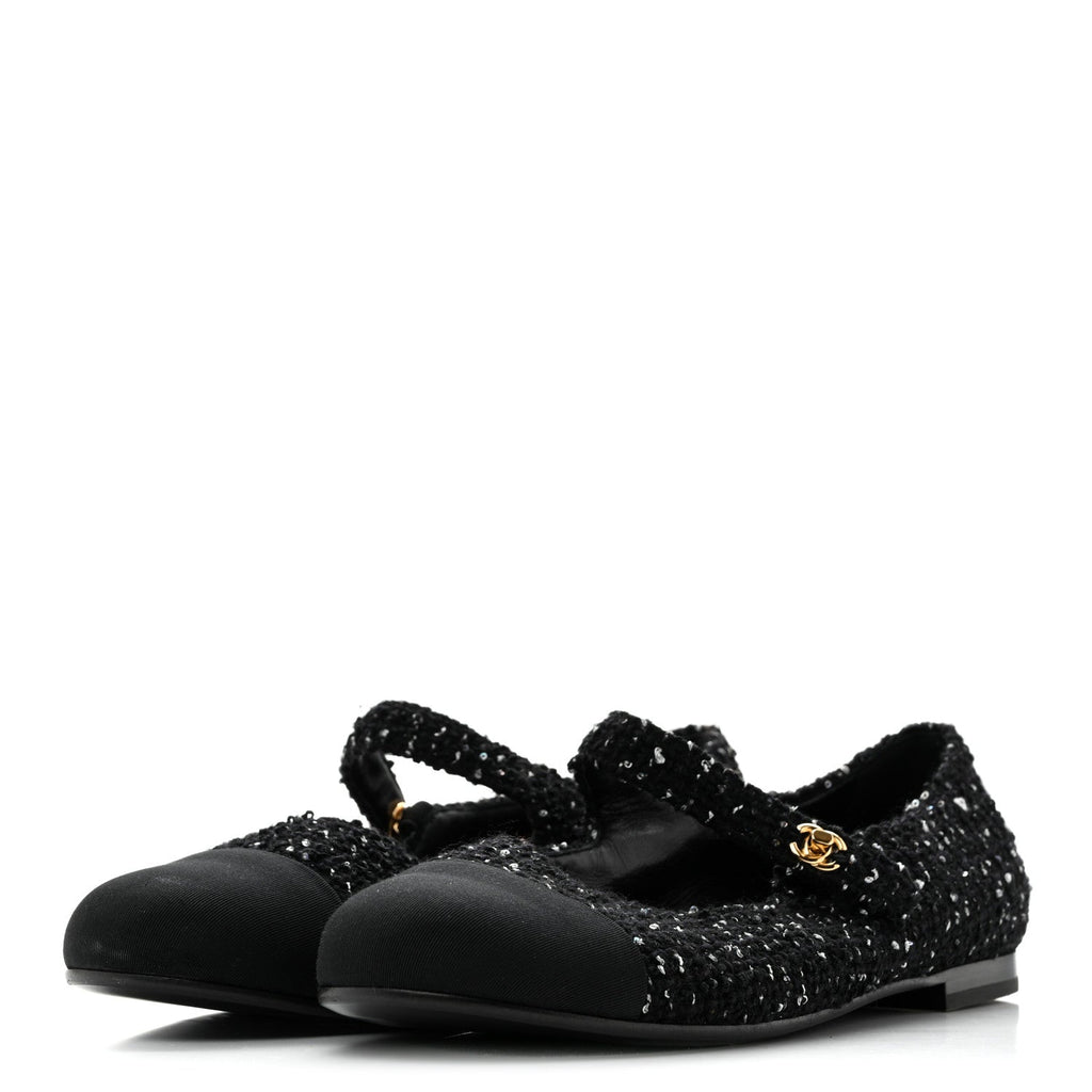 Tweed Sequin Grosgrain Cap Toe Mary Jane Flats 39 Black