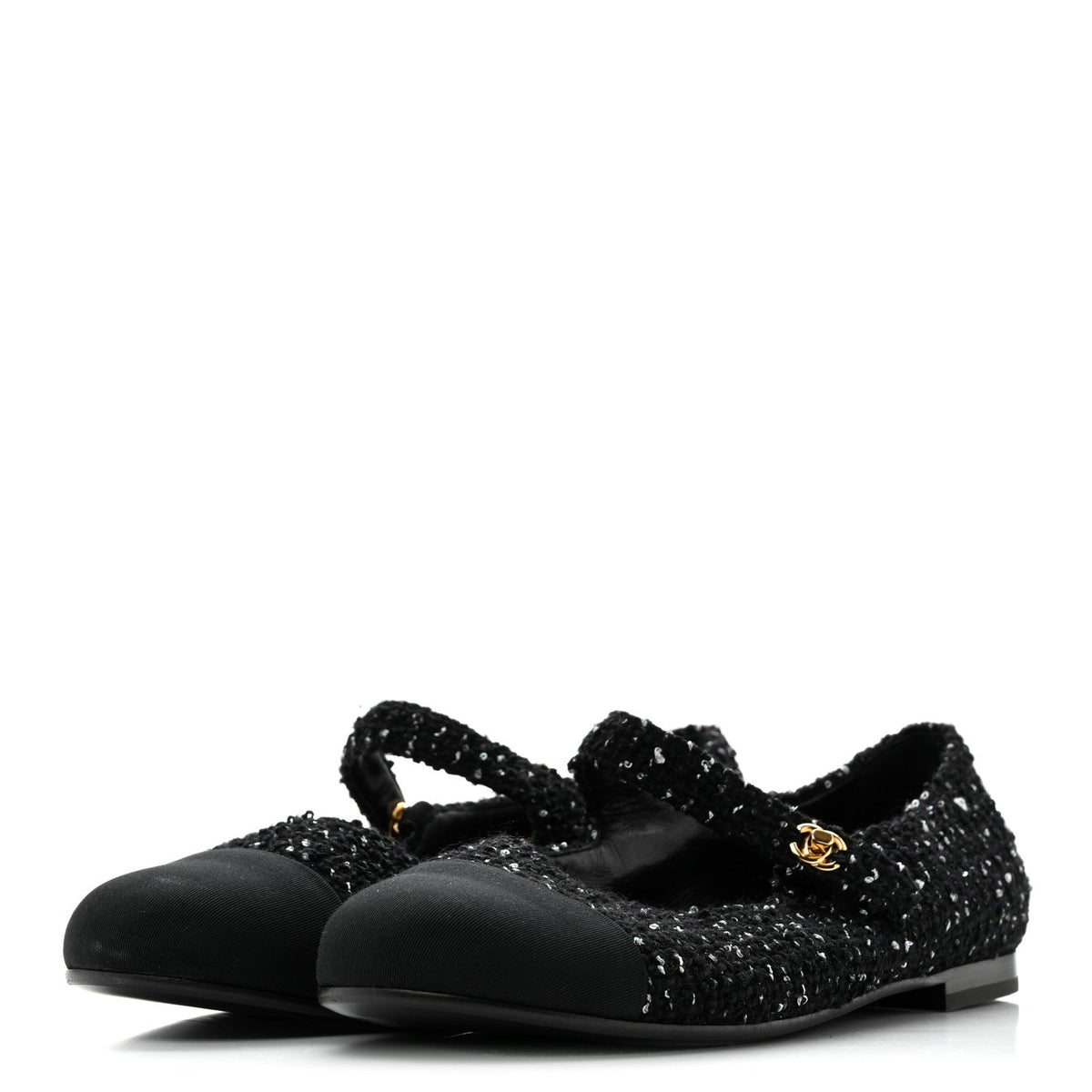 Tweed Sequin Grosgrain Cap Toe Mary Jane Flats 39 Black