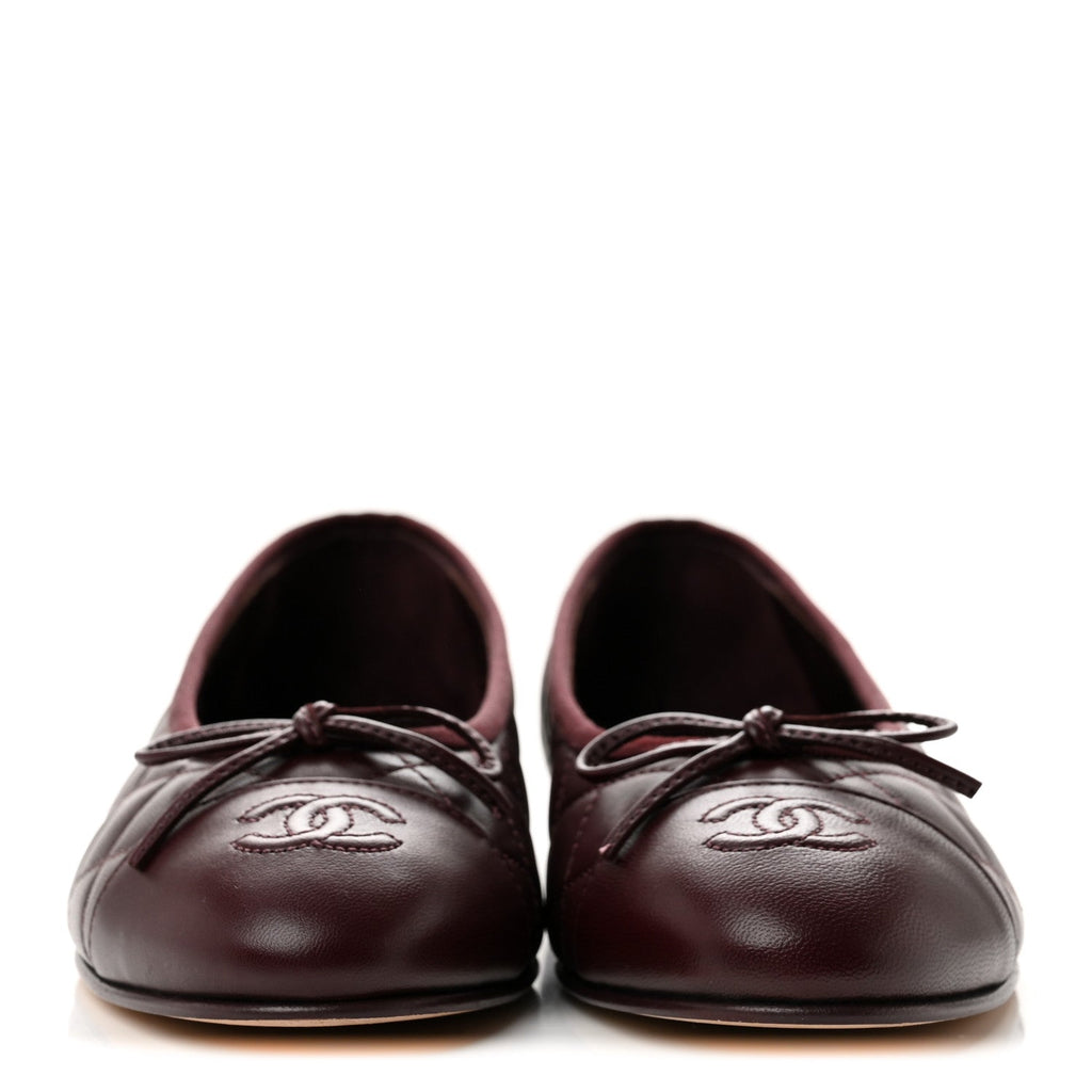 Lambskin Quilted CC Cap Toe Ballerina Flats 38 Dark Burgundy