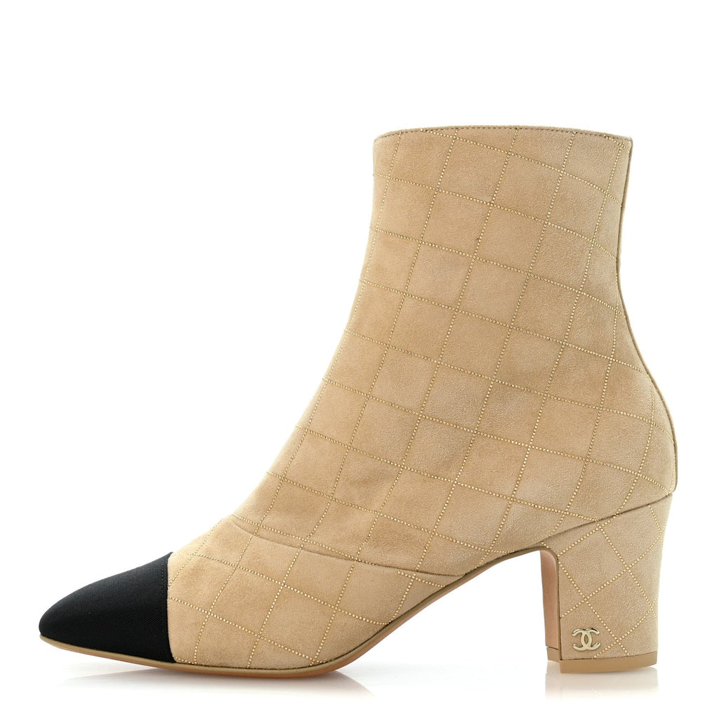 Suede Goatskin Grosgrain Quilted Cap Toe Short Boots 38 Beige Golden Black