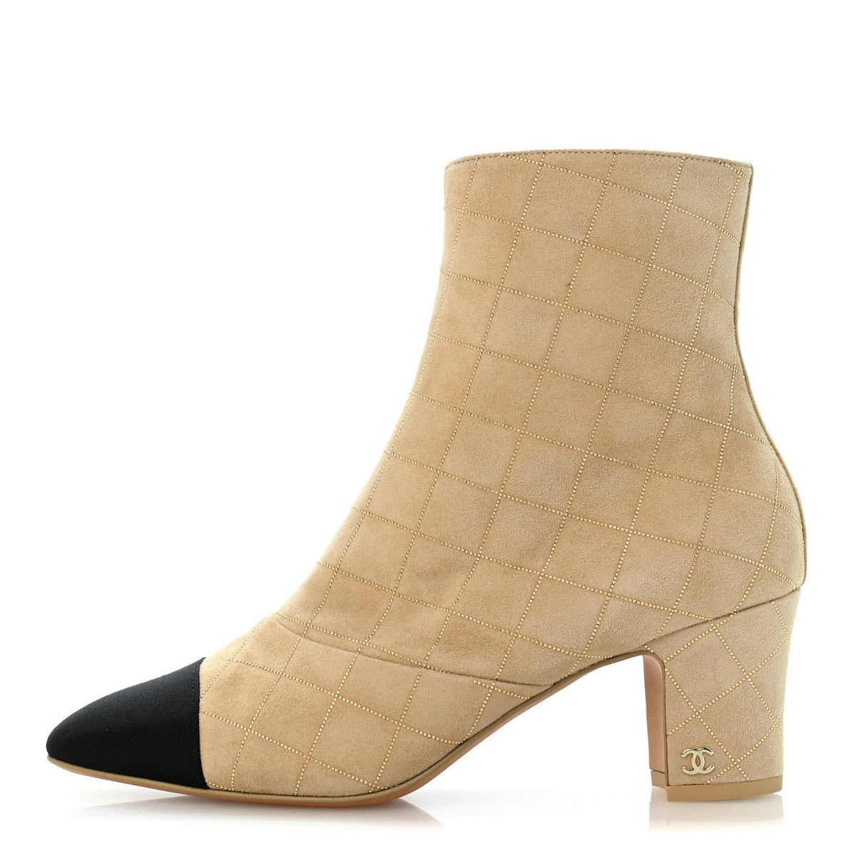 Suede Goatskin Grosgrain Quilted Cap Toe Short Boots 38 Beige Golden Black
