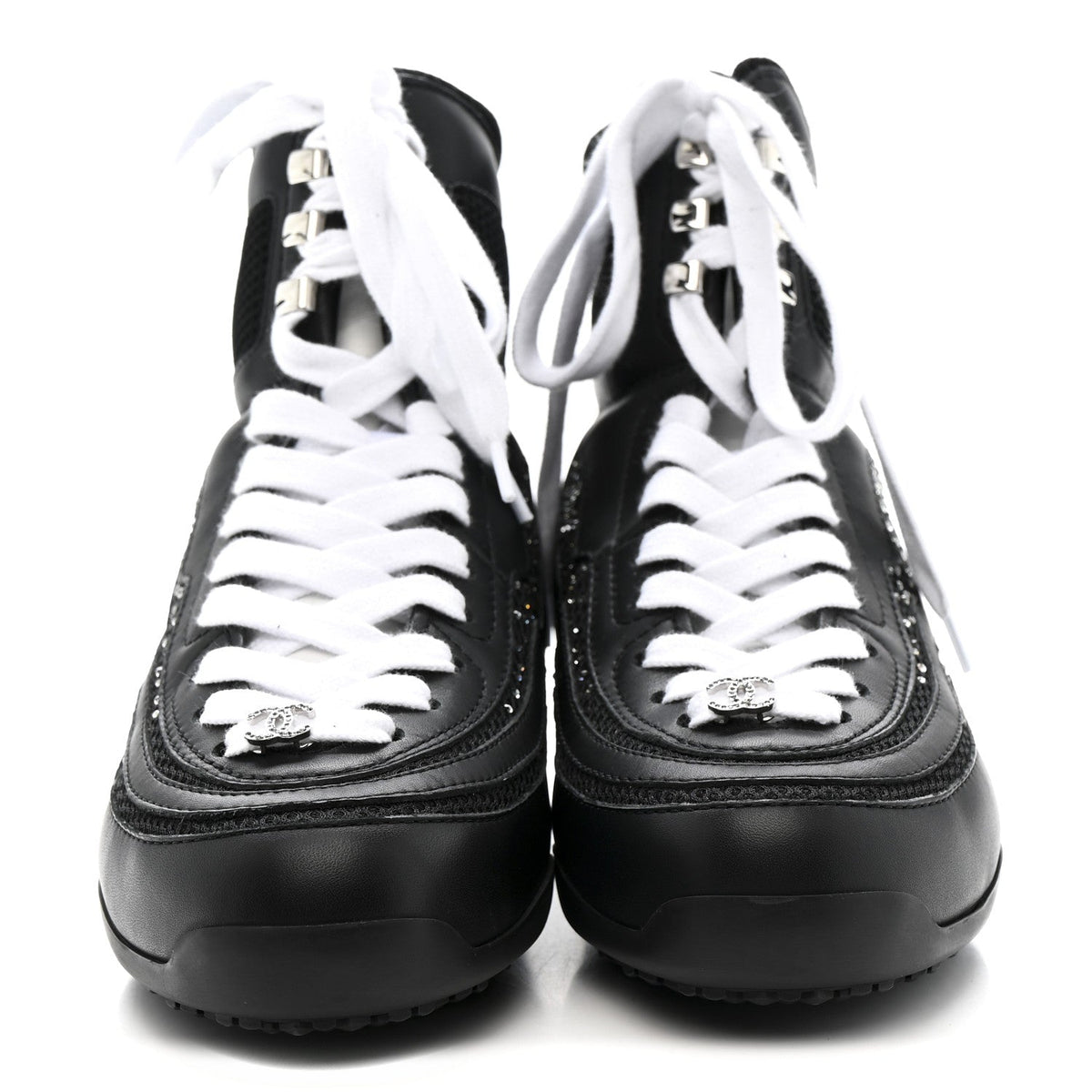 Calfskin Mesh Strass Womens CC Sneakers 37 Black Silver