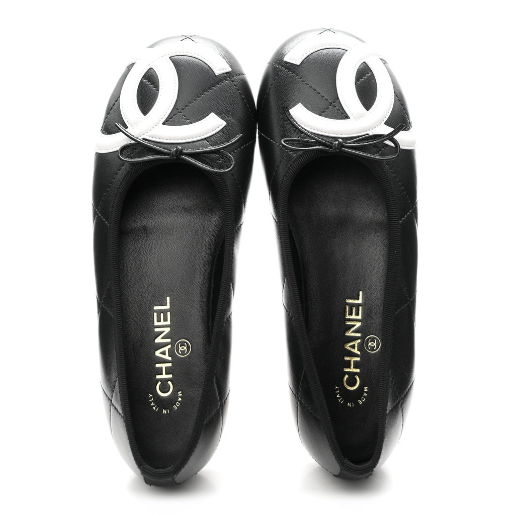 Lambskin Quilted CC Cambon Ballet Flats 38.5 Black White