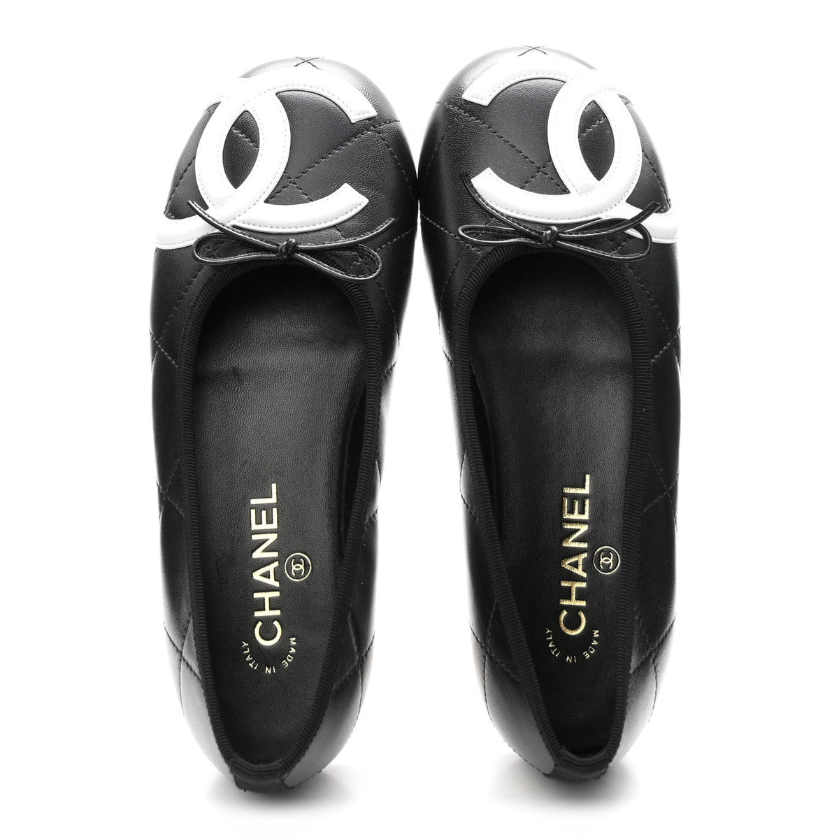Lambskin Quilted CC Cambon Ballet Flats 38.5 Black White