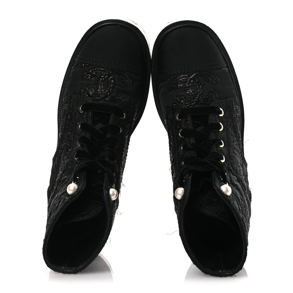 Grosgrain Tweed Pearl CC Combat Short Boots 39 Black