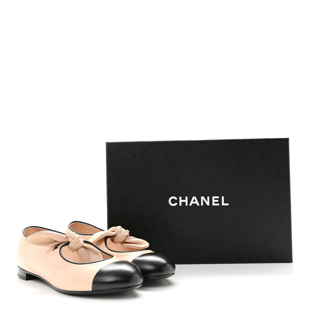 Lambskin Bow Mary Jane Flats 37 Beige Black