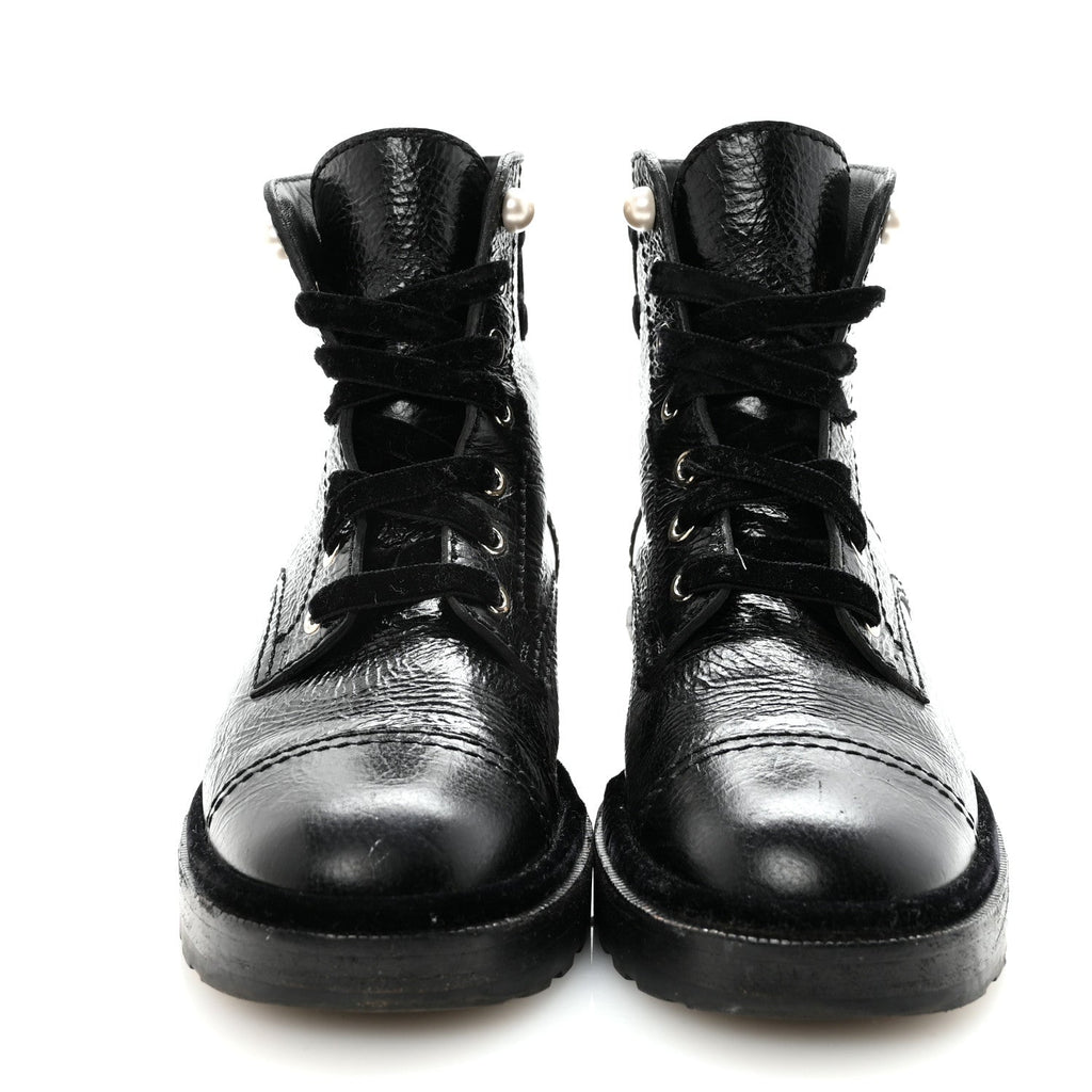Shiny Calfskin Velvet Pearl Combat Short Boots 38.5 Black